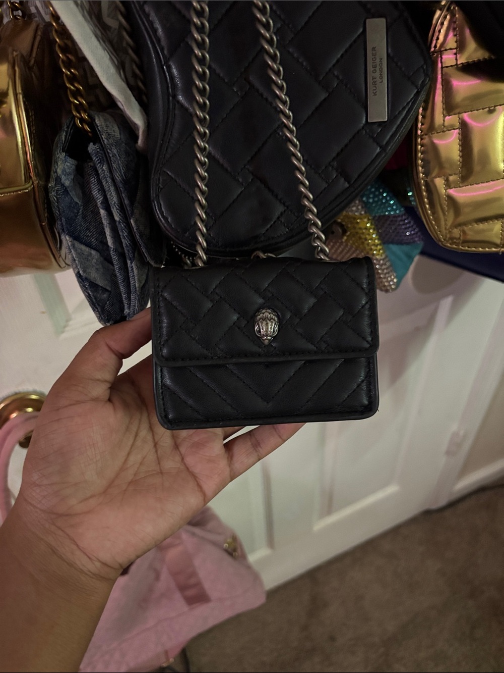 Black Quilted Chain Mini Wallet Crossbody - Unknown Brand